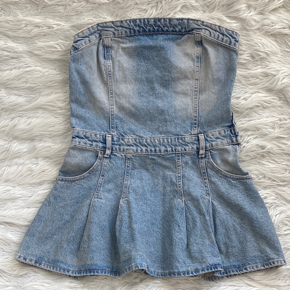 Zara | Pleated Denim Strapless Mini Dress